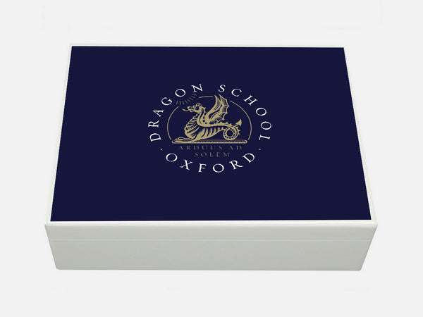 Dragon School School Memory Wood box  - A4 Box - blue top - Personalised