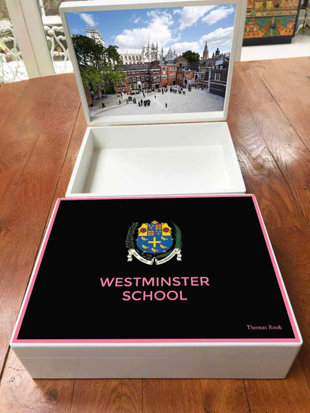A4 box - Personalised Westminster Senior  Memory Wood Box - A4 Box - Pink border