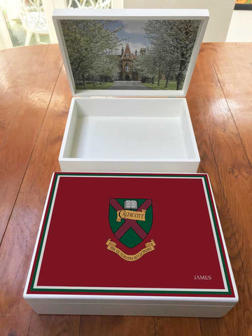 A4 Box - Caldicott School Memory Wood Box  - Maroon - Personalised