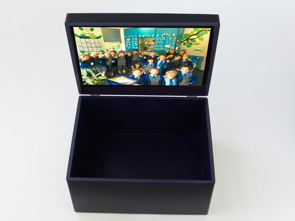 Personalised Large blue A4-sized Kew Green School Memory Wood Box - A4 Chest