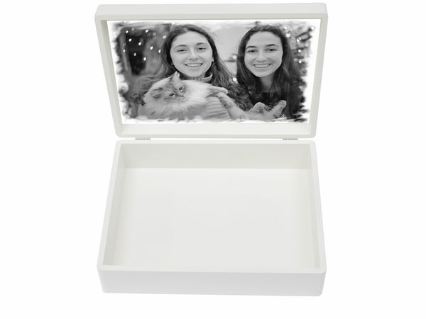 Large A4 Size White Wooden Box with Your Family Name on top &  your photo on inside lid 335 x 260 x 100 mm