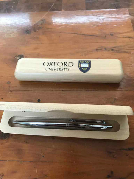 Laser-engraved  University of Oxford Chrome Ball Pen & University of Oxford maple pen case