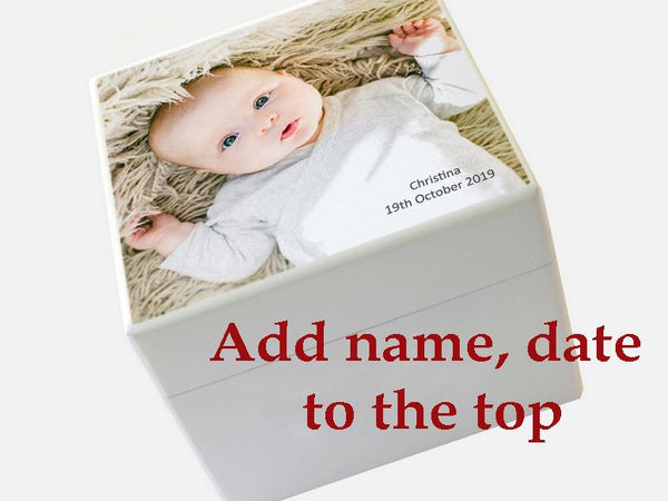Small  Baby Keepsake white wooden box with your own photo(s) | Photo Box |12.5 x 12.5 x 10 cm