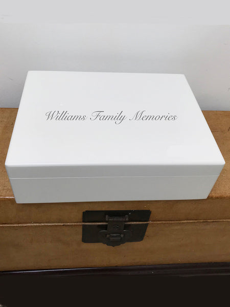 Large A4 Size White Wooden Box with Your Family Name on top &  your photo on inside lid 335 x 260 x 100 mm