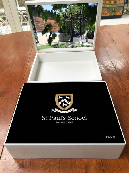 Senior School Logo - Personalised A4-sized St Paul's School Memory Wood Box - A4 Box - Black top