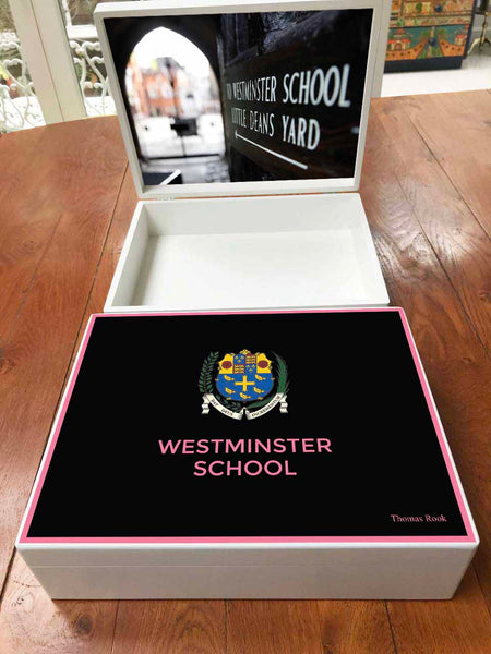 A4 box - Personalised Westminster Senior  Memory Wood Box - A4 Box - Pink border