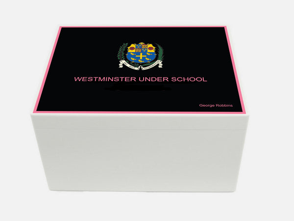 A4 Chest - Personalised Westminster Senior School  Memory Wood Box - Pink border