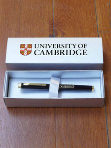 100 x  Engraved Black or Blue/Brass Rollerball Pen and 100 x Silver Branded Satin Cardboard Pen Presentation Box
